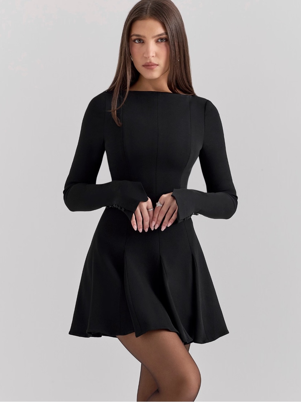 House of CB Francesca Black Stretch Crepe Godet Mini Dress